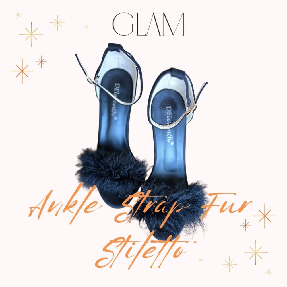 Women's Black Ankle-Strap Feather Stiletto Heels EUC Ballroom Clasp Size 8/40